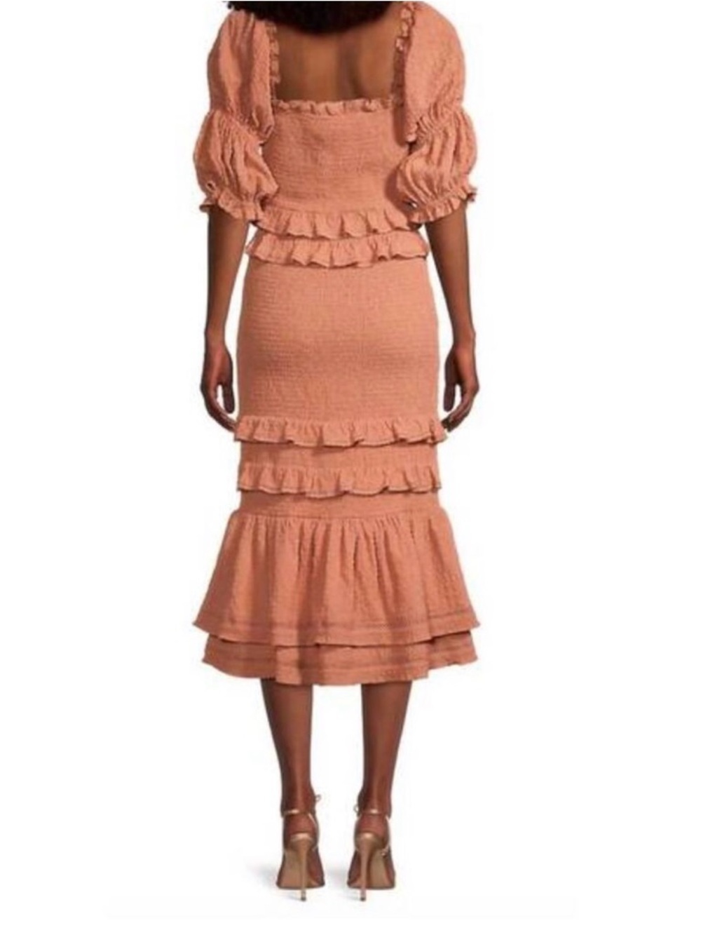 Rachel Parcell Bubble Crepe Smocked Ruffle Midi Dress XS Dusty Peach - Picture 14 of 16